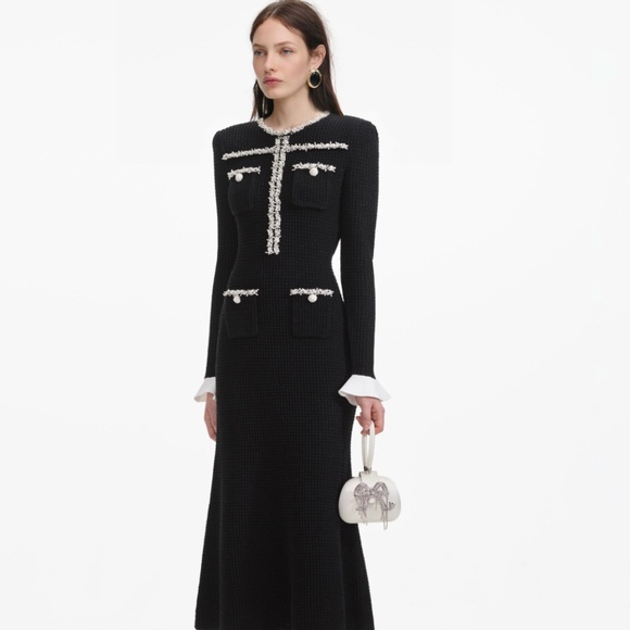 self-portrait - Black Pearl Trim Knit Midi Dress - Various Sizes MSRP $615 - NWT - Picture 2 of 10